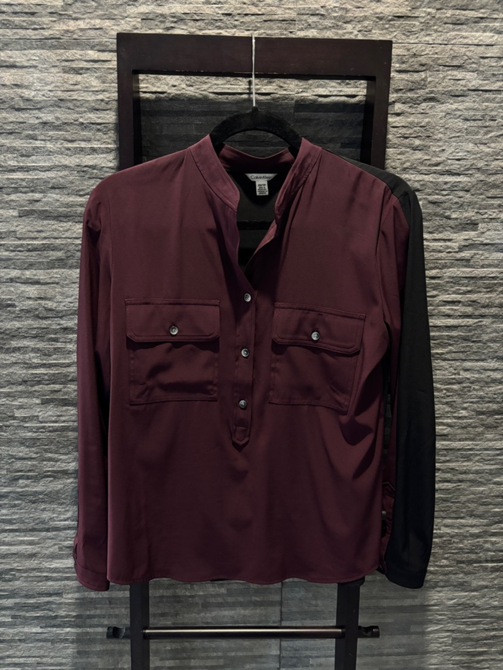 Calvin Klein Women’s Burgundy Long-Sleeve Shirt with Black Sleeve Detail